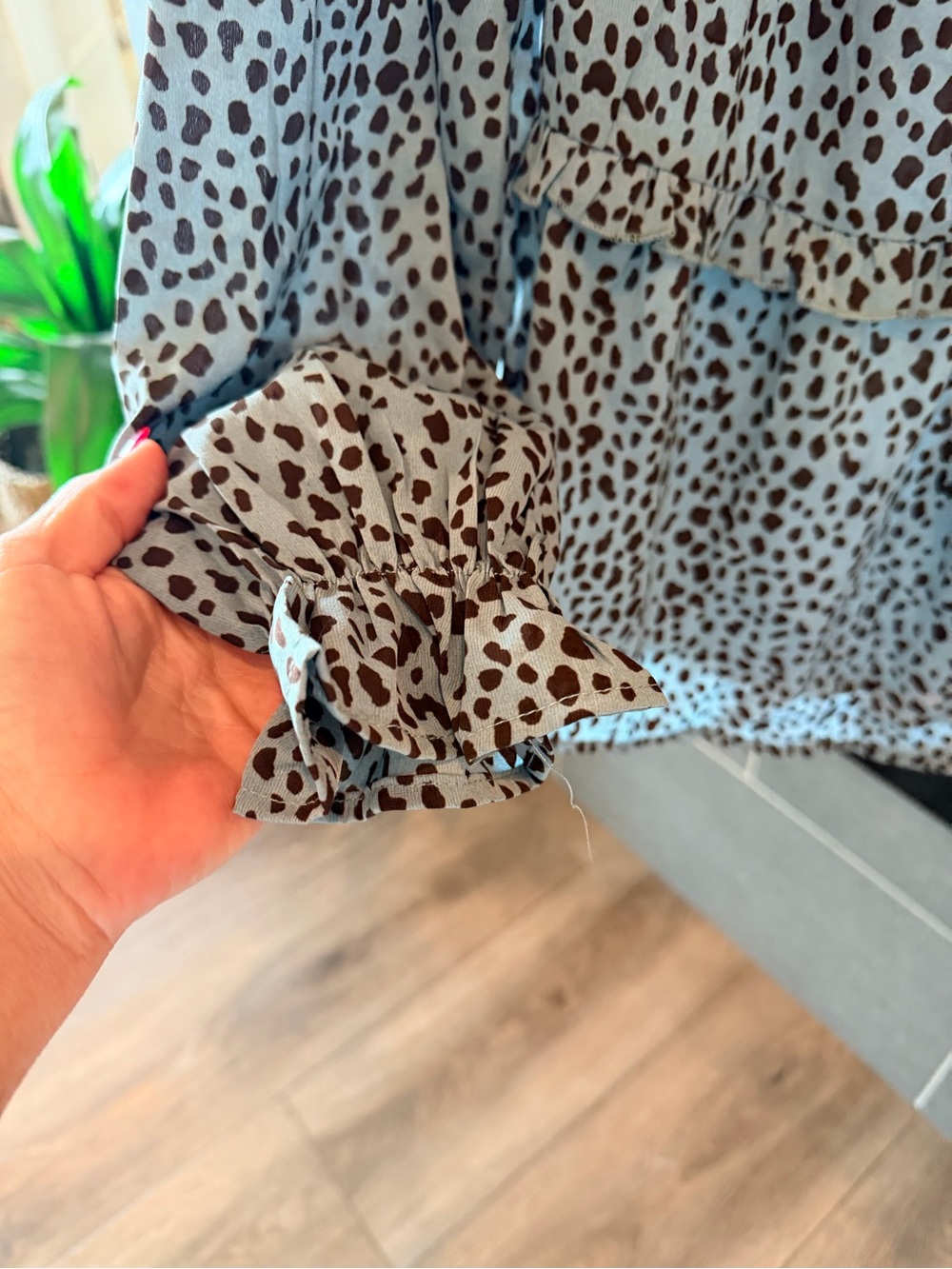 High-Neck Blue Leopard Print Ruffle Blouse - Picture 6 of 8